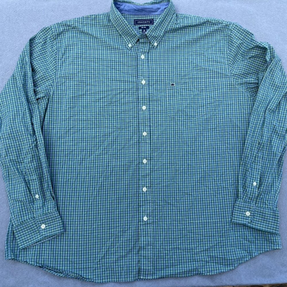 Crown & Ivy Mens 3XT Green Plaid Classic Fit Button Down Preppy Long Sleeve